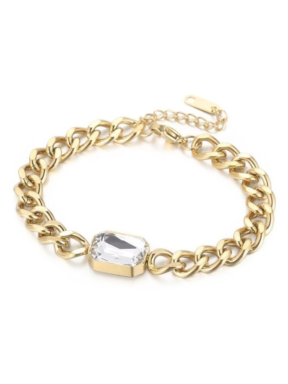 18k Gold Plated Curb Chain Bracelet, Simulated Stone, Stainless Steel